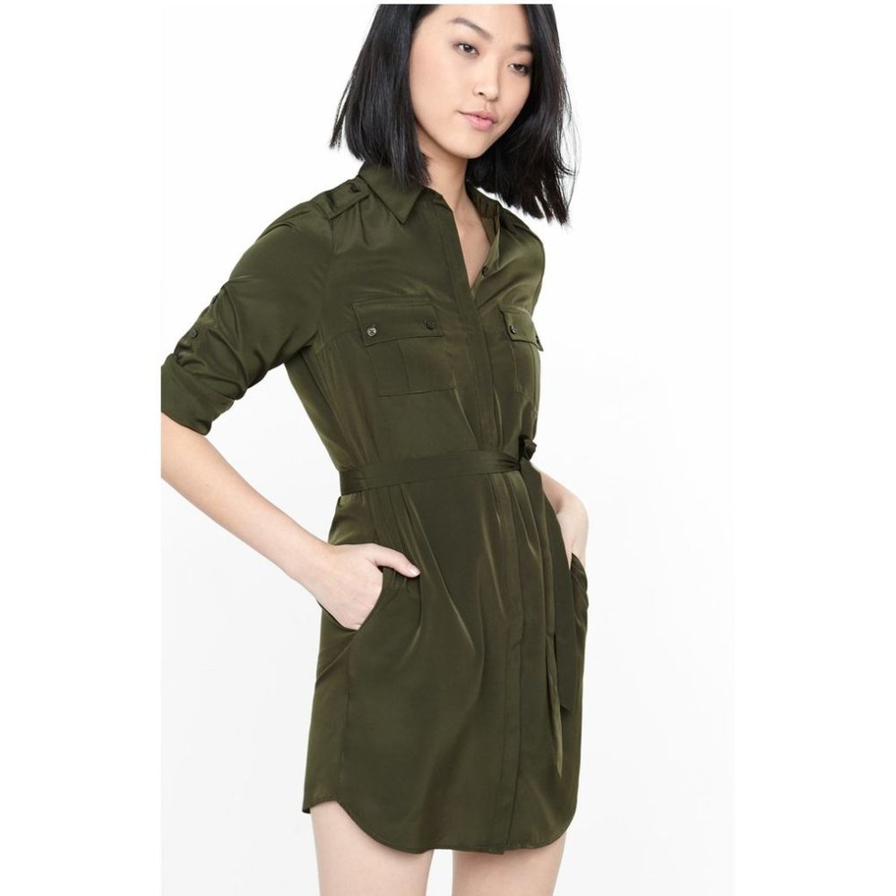 Express Olive Green Military Shirt Dress - Medium